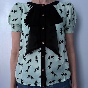 Chic Black and Mint Bird Pattern Blouse